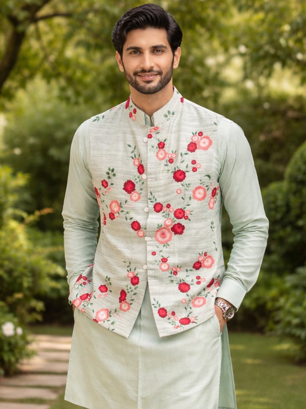 Mint Green Floral Nehru Jacket + Kurta